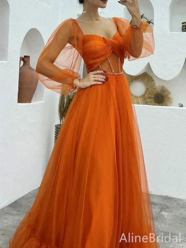Elegant Burnt Orange Sweatheart A-line Long Tulle Prom Dress with Sheer Sleeves, PD37939