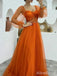 Elegant Burnt Orange Sweatheart A-line Long Tulle Prom Dress with Sheer Sleeves, PD37939