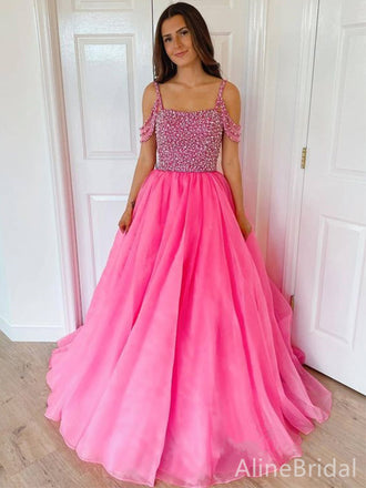 Sparkly BeadingsSquare Off the Shoulder A-line Long Prom Gown, Evening Dress, PD37956