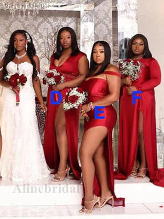 Mismatched Red V-neck Side Slit Mermaid Simple Long Bridesmaid Dress, PD3159