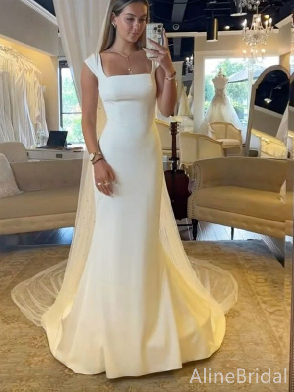 Elegant White Square Mermaid Wedding Dress with Cap Sleeves ,PD37962 AlineBridal Elegant White Square Mermaid Wedding Dress with Cap Sleeves ,PD37962 AlineBridal