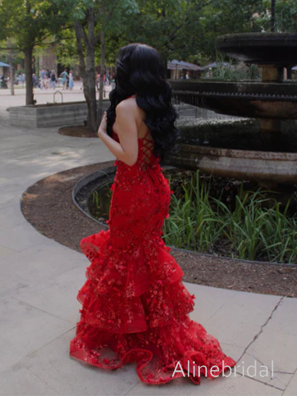 Red Mermaid Prom Dress with Ruffles, Floral Tiered Tulle Evening Gown, Floral Tiered Tulle Evening Dress, PD3823018