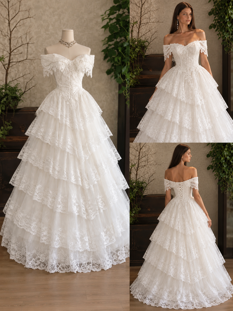 Vintage Tiered Lace Off Shoulder  A-Line  Wedding Dress, WD32230