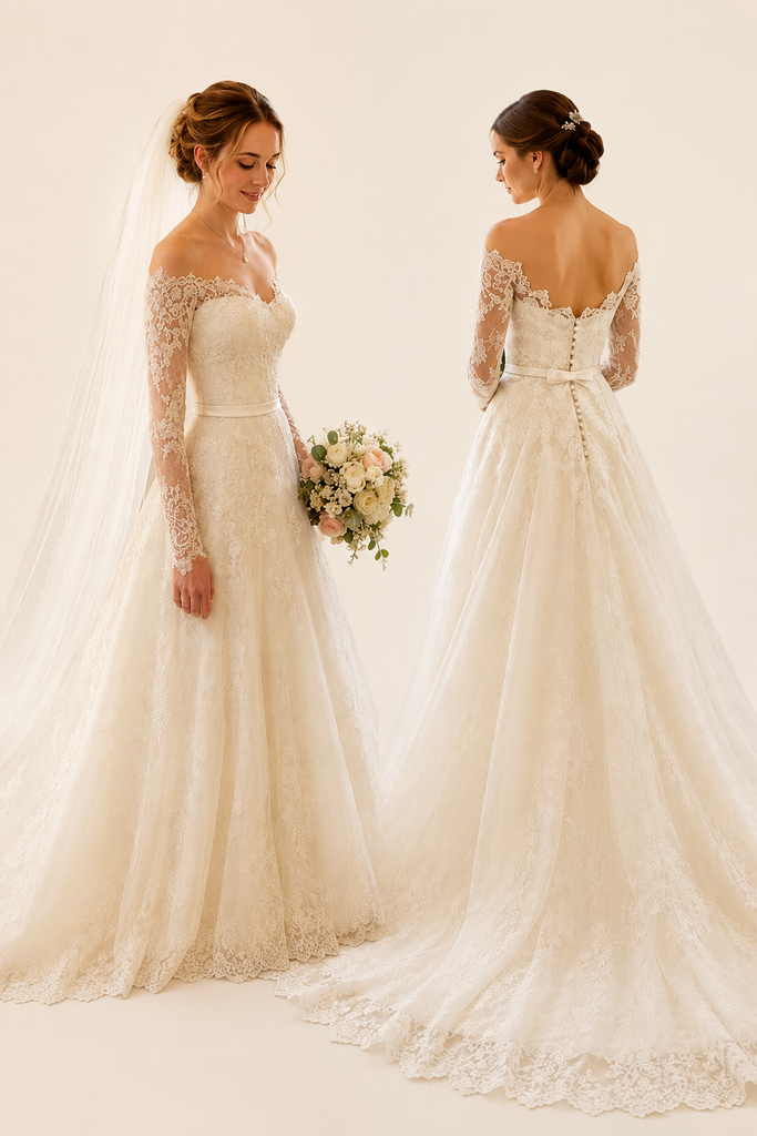 Elegant Long Sleeves Off Shoulder A-Line Lace Wedding Dresses, WD0220
