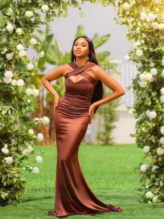 Elegant Brown Criss-Cross Halter Long Mermaid Bridesmaid Dress, PD3193