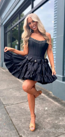 Elegant Black Strapless A-line Short Homecoming Dress with Bow Detailing, HD32780