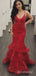 Red Mermaid Prom Dress with Ruffles, Floral Tiered Tulle Evening Gown, Floral Tiered Tulle Evening Dress, PD3823018