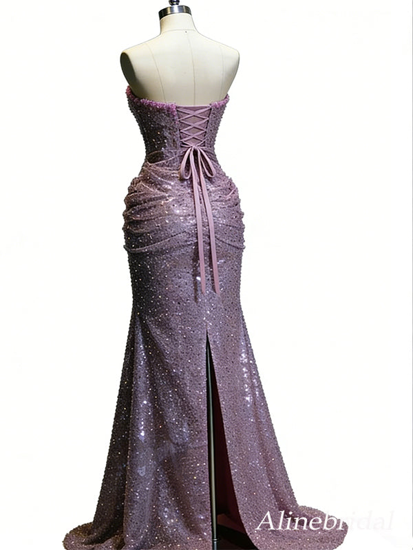 Unique Purple Sequins Strapless Mermaid Prom Dress with Slit, Evening Dress, PD3823049
