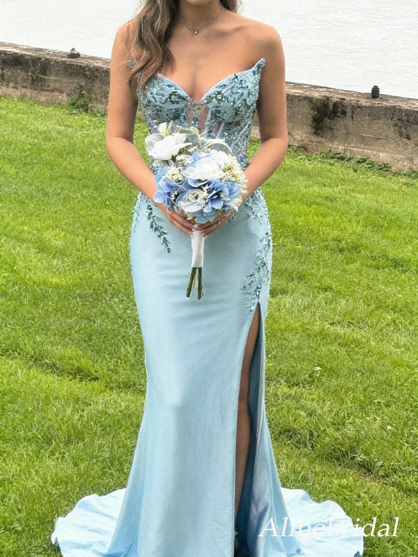 Stunning Blue Lace Appliques Strapless Mermaid Prom Dress with Slit, Evening Dress, PD3823045
