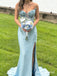 Stunning Blue Lace Appliques Strapless Mermaid Prom Dress with Slit, Evening Dress, PD3823045