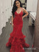 Red Mermaid Prom Dress with Ruffles, Floral Tiered Tulle Evening Gown, Floral Tiered Tulle Evening Dress, PD3823018