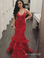 Red Mermaid Prom Dress with Ruffles, Floral Tiered Tulle Evening Gown, Floral Tiered Tulle Evening Dress, PD3823018