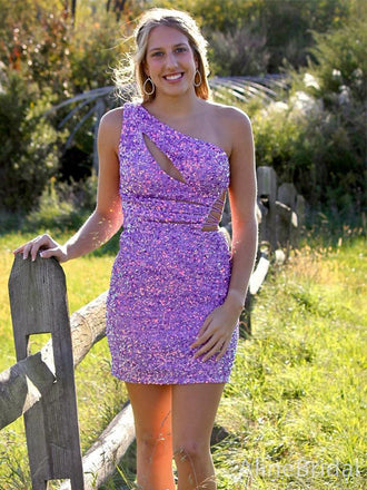 Sparkly Sequins Purple One Shoulder Short Homecoming Dress, HD32790