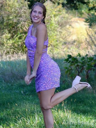 Sparkly Sequins Purple One Shoulder Short Homecoming Dress, HD32790