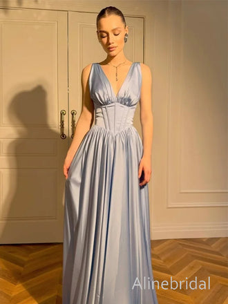 Pale Blue V-neck Corset A-line Long Prom Dress Online, Evening Dress, PD3823013