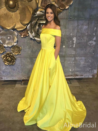Simple Off-Shoulder Yellow Strapless A-line Long Prom Dress, PD38039