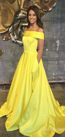 Simple Off-Shoulder Yellow Strapless A-line Long Prom Dress, PD38039