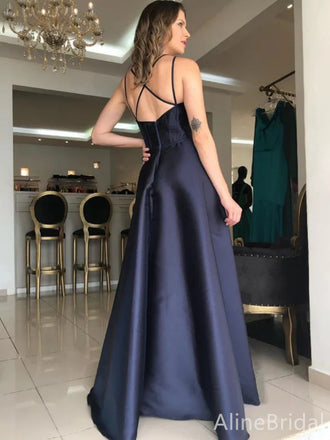 Sexy Navy Blue V-neck Spaghetti Strap Open Back A-line Long Prom Dress, PD38052