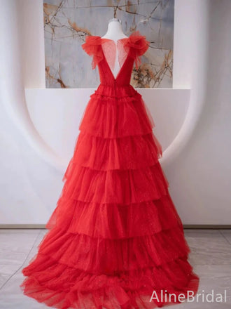 Simple Red  Deep V-neck A-line Long Ruffles Tiered Tulle Prom Dress, Evening Gown with SleevesPD38056