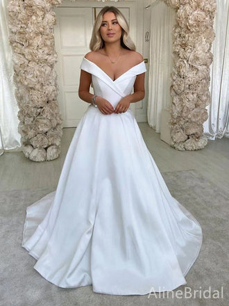 Romantic V-neck Off-Shoulder A-line Long Wedding Dresses, WD3085