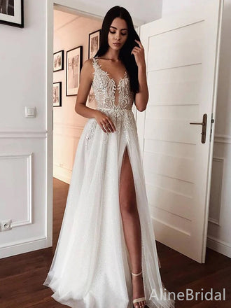 Elegant V-neck A-line Side Slit Long Wedding Dresses, WD3086