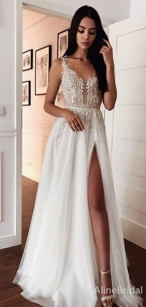 Elegant V-neck A-line Split Side Long Wedding Dresses,WD3086