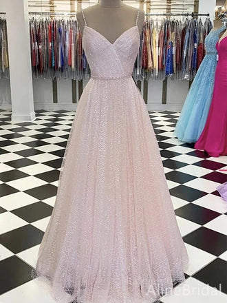 Sparkly Pink V-neck Spaghetti Strap A-line Layered Tulle Prom Dress, Evening Gown, PD38067