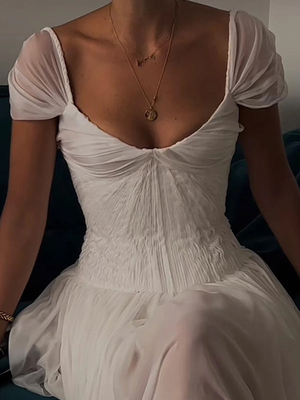 Elegant Ivory Chiffon Low Back A-Line Wedding Gown, Evening Gown, PD37673