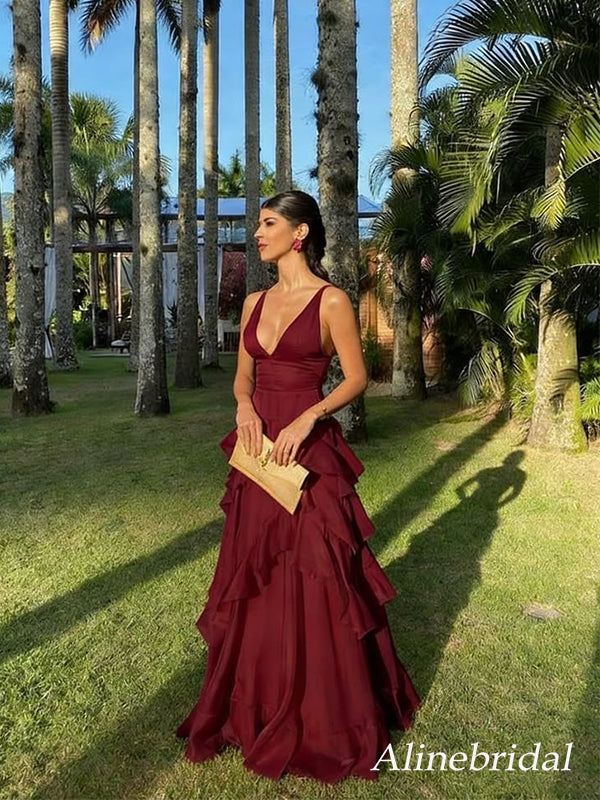 Elegant Orange Ruffles V-neck A-line Tulle Evening Dress, Prom Dress, PD2823058