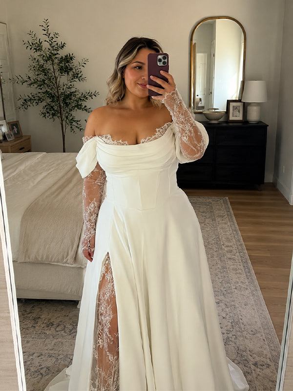 Elegant Off the Shoulder Lace Trim A-line Wedding Gowns with Long Sleeves, WD3228