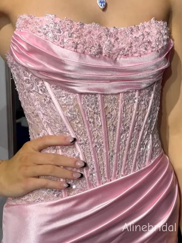 Sparkly Pink Beaded Mermaid Corset Prom Dress with Slit, Evening Dress AlineBridal Sparkly Pink Beaded Mermaid Corset Prom Dress with Slit, Evening Dress AlineBridal