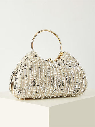 Beaded Sequin Clutch Bag with Round Gold Metal Handle, Evening Party Handbag