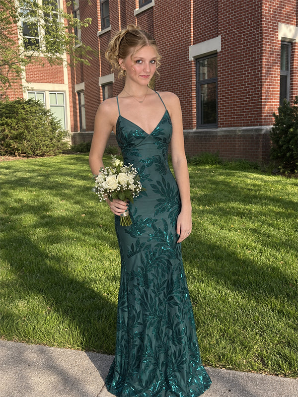 Elegant Green Sequin V-Neck Mermaid Prom Dress, Evening Dress, PD28231247