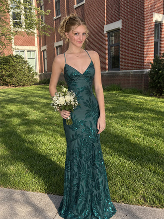 Elegant Green Sequin V-Neck Mermaid Prom Dress, Evening Dress, PD28231247