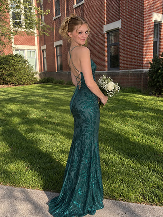 Elegant Green Sequin V-Neck Mermaid Prom Dress, Evening Dress, PD28231247