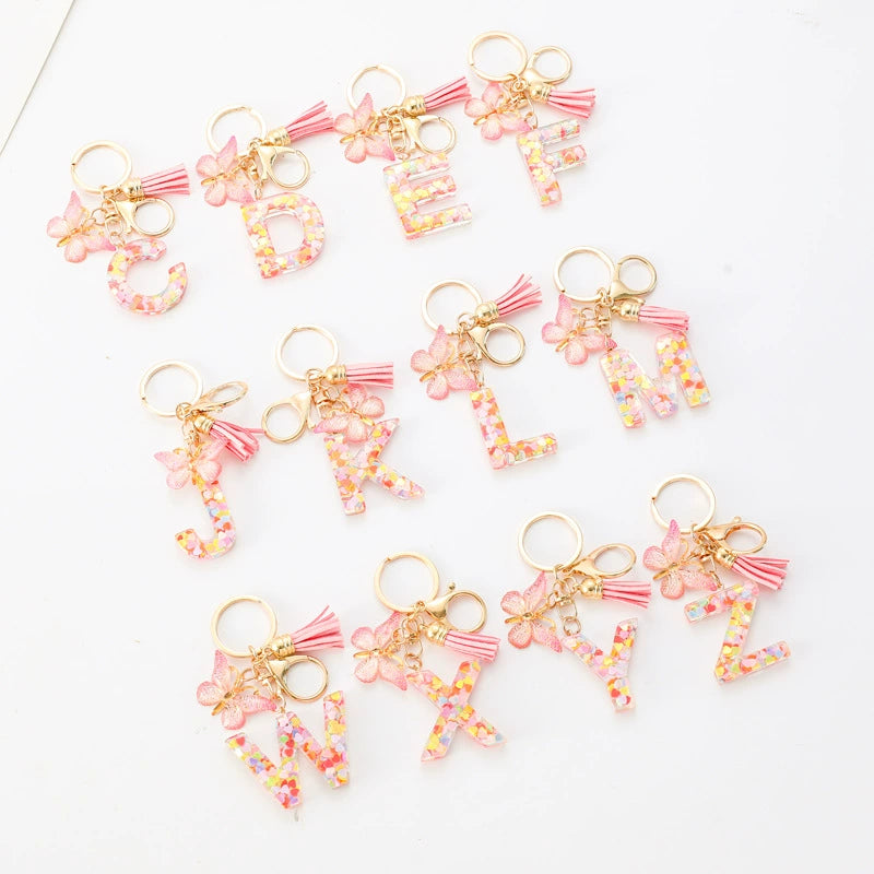 Custom Colorful Initial Keychain with Butterfly & Tassel