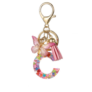 Custom Colorful Initial Keychain with Butterfly & Tassel