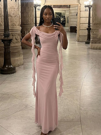 Eleagant Pink Off the Shoulder Bodycon Chiffon Evening Dress, Prom Dress, PD28231215