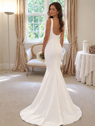 Elegant V-neck Low Back Mermaid Satin Wedding Dresses, WD3108