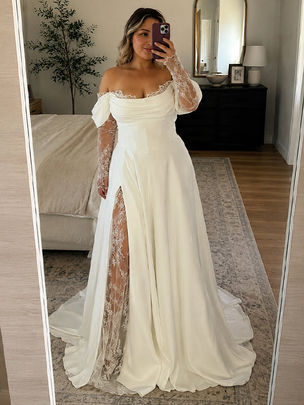 Elegant Off the Shoulder Lace Trim A-line Wedding Gowns with Long Sleeves, WD3228