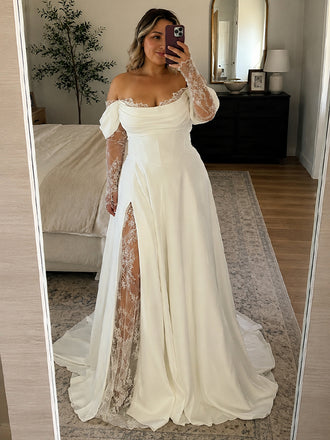 Elegant Off the Shoulder Lace Trim A-line Wedding Gowns with Long Sleeves, WD3228