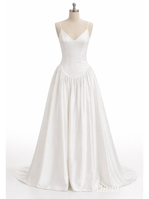 Elegant Ivory Satin V-neck A-line Wedding Dress, WD3119