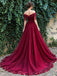 Elegant A-Line Off The Shoulder Burgundy Tulle Evening Dress, PD1128