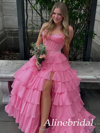 Gorgeous Pink Strapless Corset A-line Ruffled Tiered Prom Dress with Slit, PD3823026