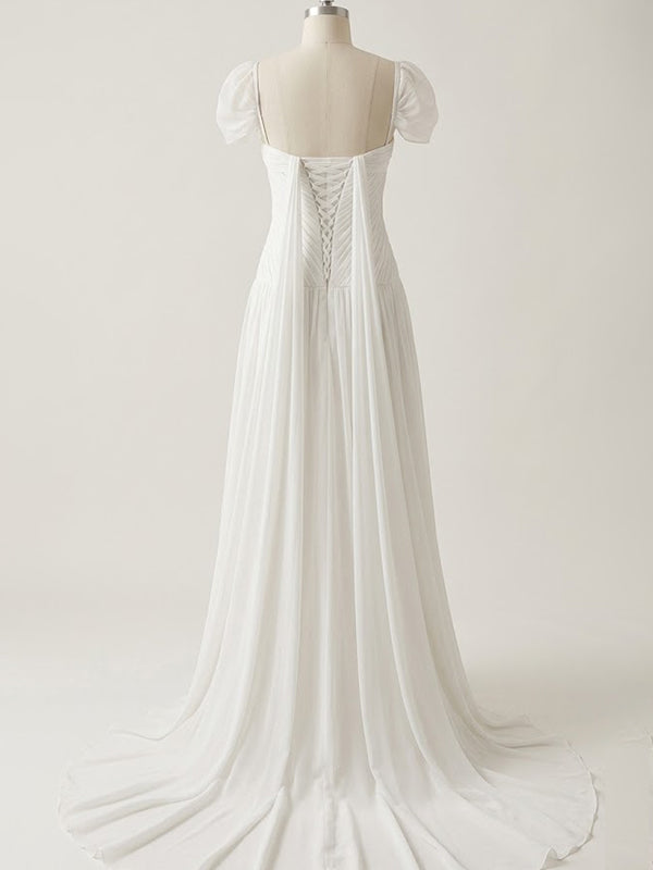 Elegant Ivory Chiffon Low Back A-Line Wedding Gown, Evening Gown, PD37673