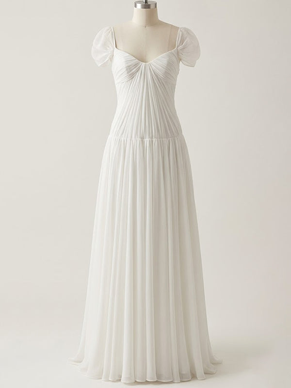 Elegant Ivory Chiffon Low Back A-Line Wedding Gown, Evening Gown, PD37673