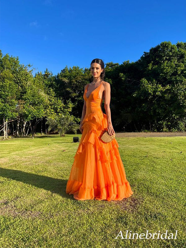 Elegant Orange Ruffles V-neck A-line Tulle Evening Dress, Prom Dress, – AlineBridal