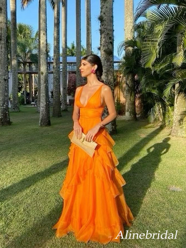 Elegant Orange Ruffles V-neck A-line Tulle Evening Dress, Prom Dress, – AlineBridal