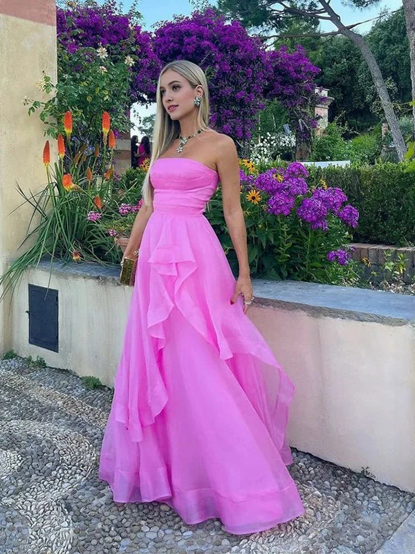Elegant Strapless Ruffles Hot Pink Maxi Long A-line Tulle Prom Dress, Formal Dress, PD382270