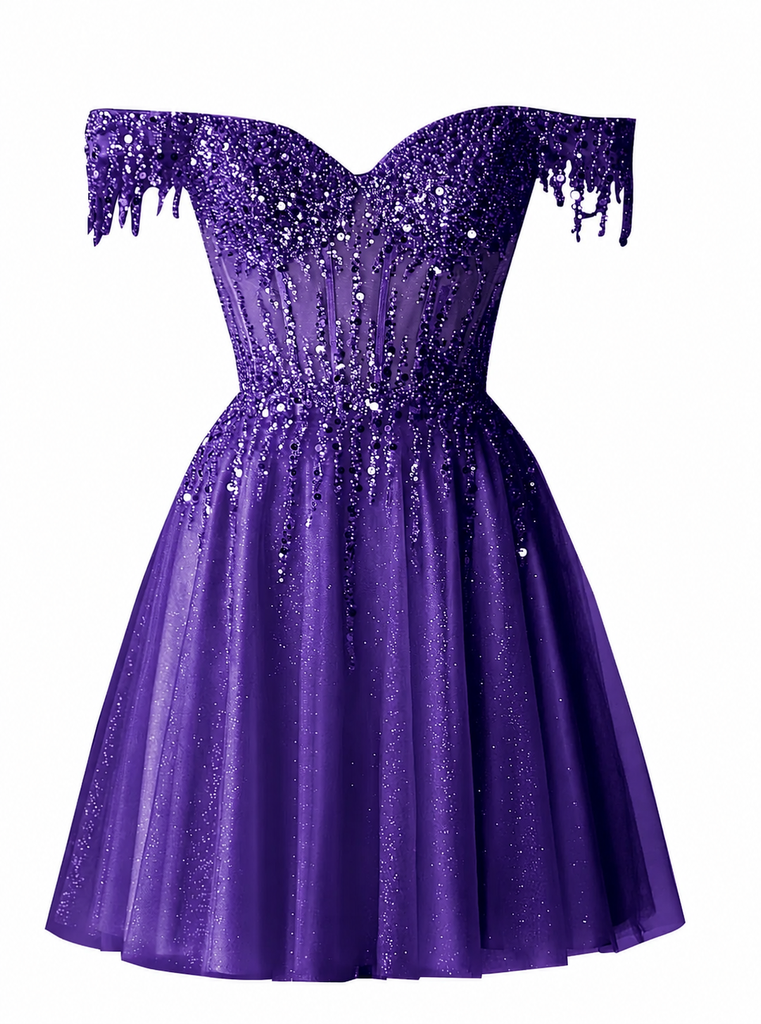 Elegant Red Beaded A-line Tulle Homecoming Dress, HC382322